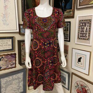70s Vintage Neon Geometric Prychedelic Scoop Neck Short-Sleeve Dress Size L